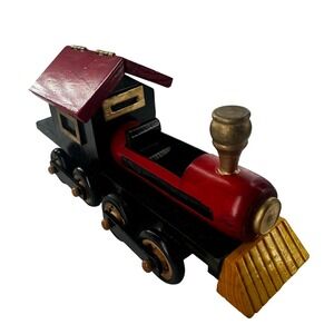 Kmart Vintage Wooden Train Locomotive Trinket Box Red Black Gold 9.5in Decor